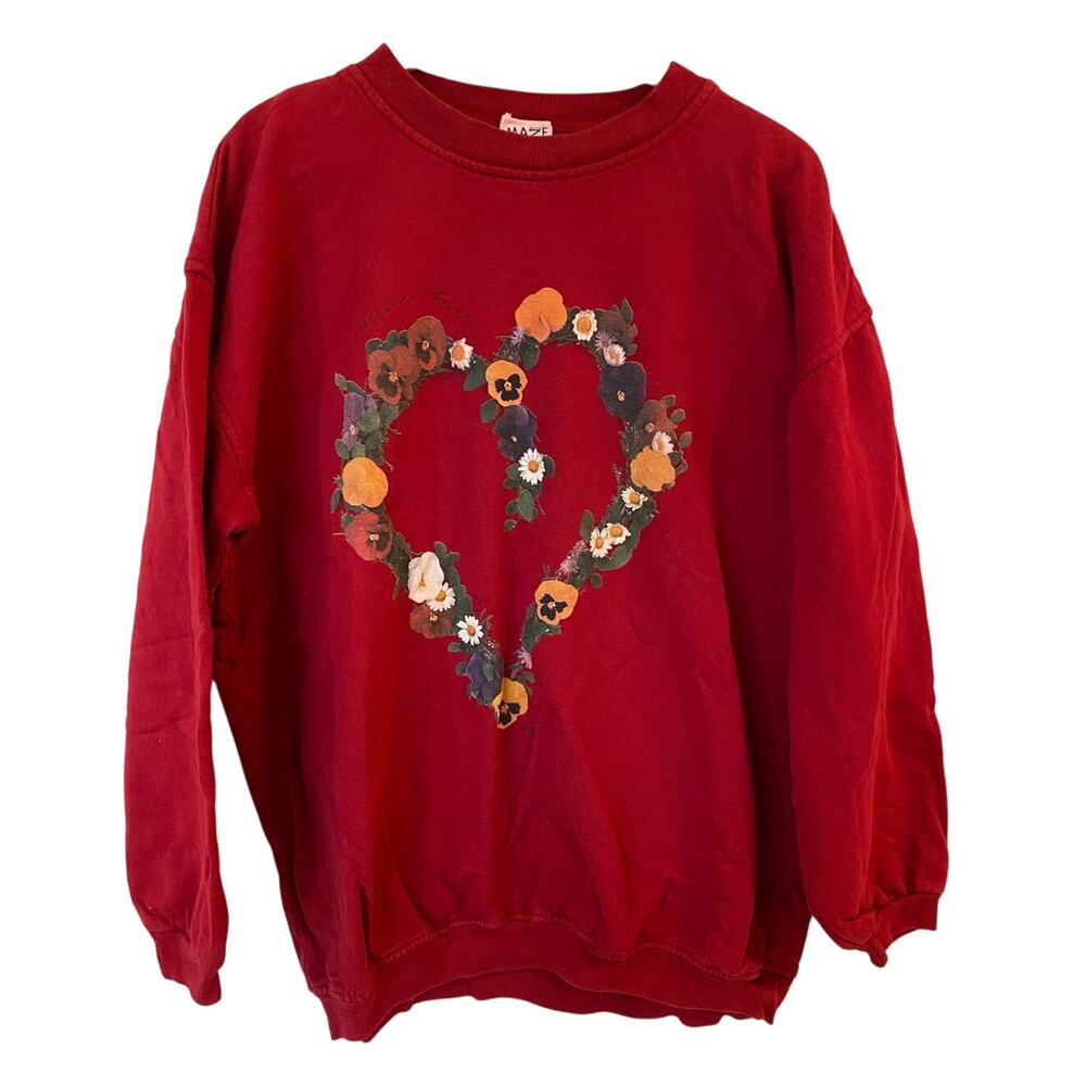 Maze Red Floral Print Long Sleeve Heart Pullover Sweatshirt Large cottagecore